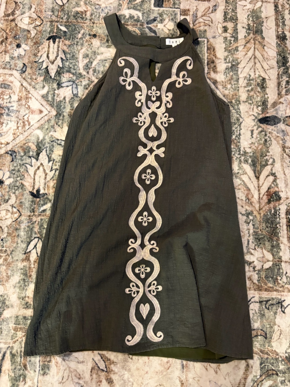 THML Olive Green dress with Cream Embroidered Center dress large